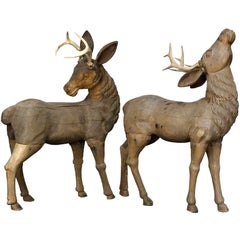 Folk Art Carved Deer With Real Antlers