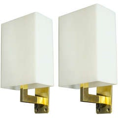 Vintage Pair of Italian Brass Sconces With Satin Glass Box Shades