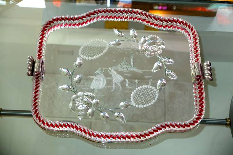 Mid-Century Modern 1940's Venetian Glass & Etched Mirror Serving Tray