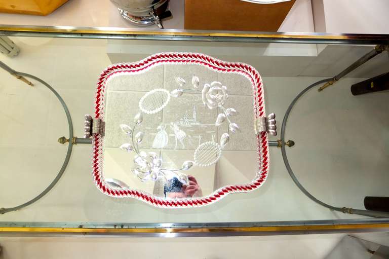 Italian 1940's Venetian Glass & Etched Mirror Serving Tray