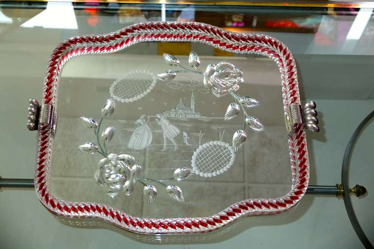 1940's Venetian Glass & Etched Mirror Serving Tray 2