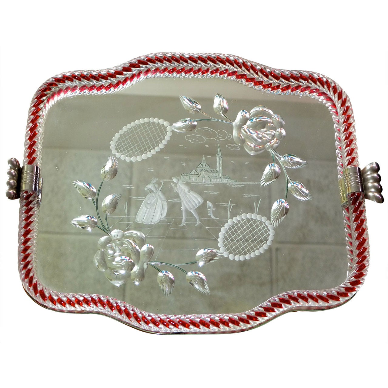1940's Venetian Glass & Etched Mirror Serving Tray