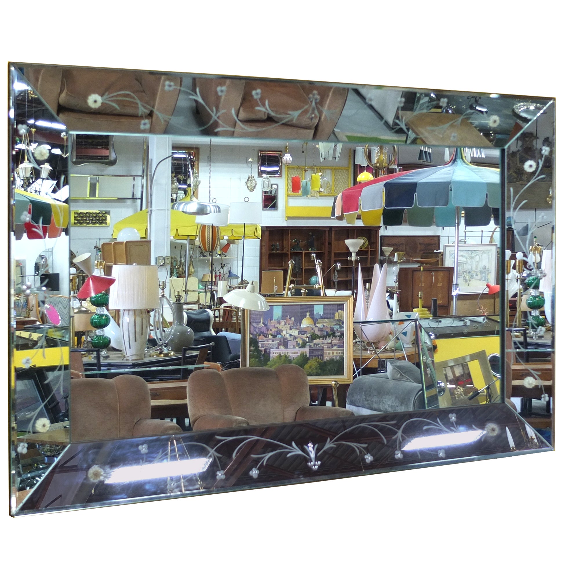 Large Italian Etched Glass Mirror 60" x 40" For Sale