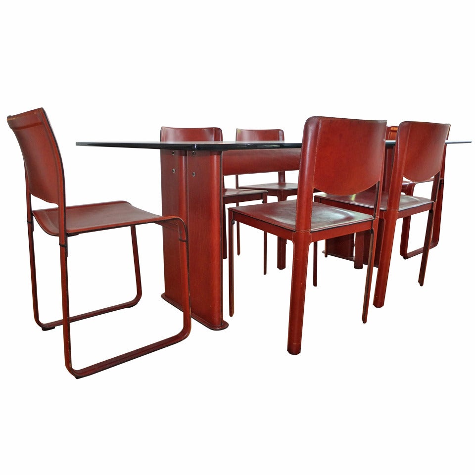 Tito Agnoli for Matteo Grassi Leather Dining Table & Six Chairs