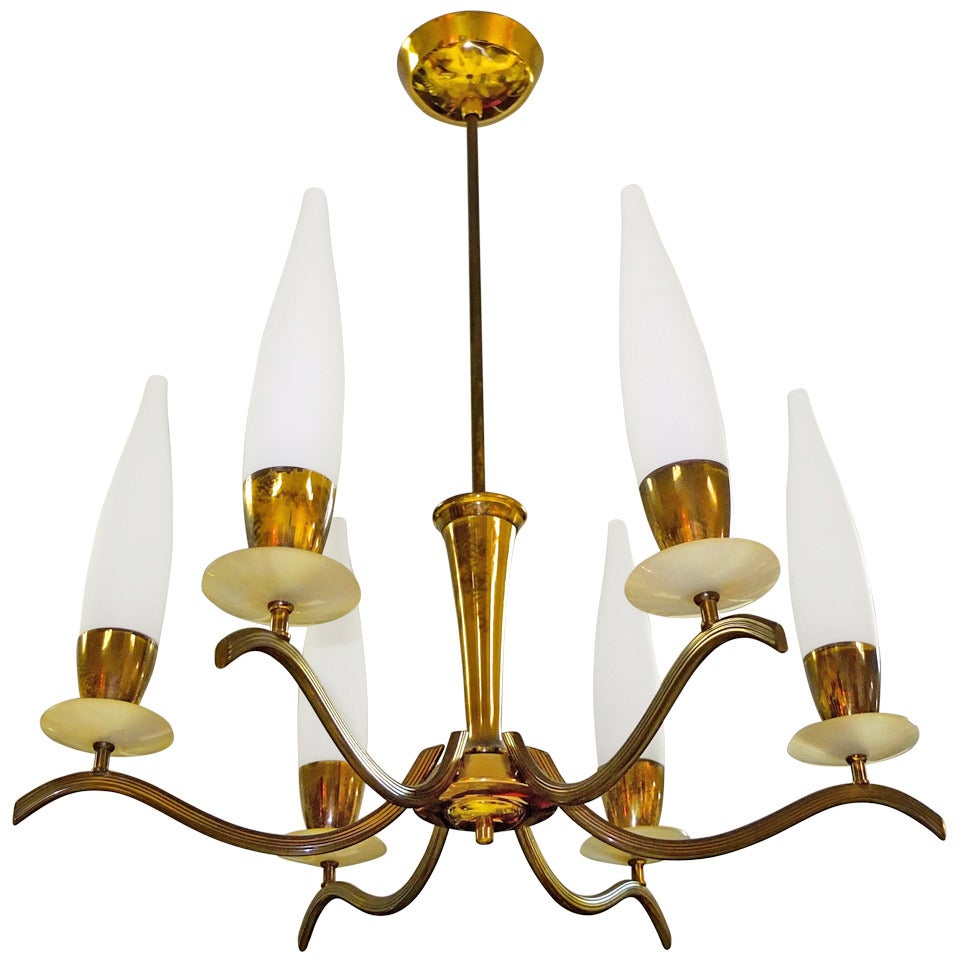 Bras & Opaline Candle Six Arm Chandelier For Sale