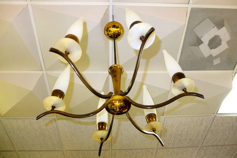 Bras & Opaline Candle Six Arm Chandelier In Excellent Condition For Sale In Hanover, MA