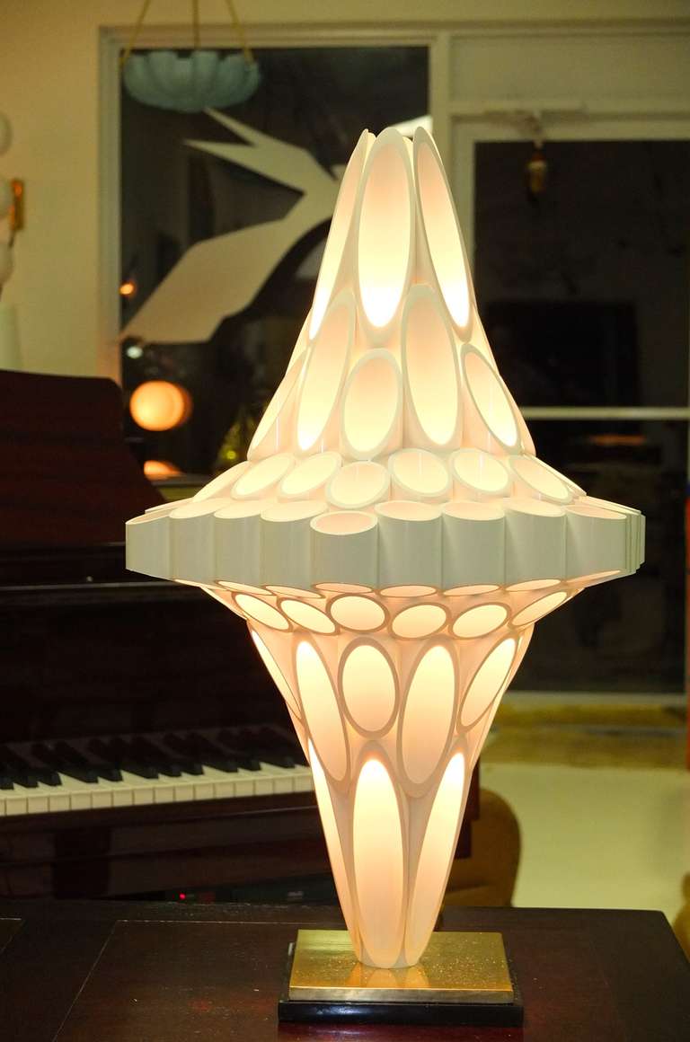 Space Age organic Martian Mushroom or beehive honeycomb sculptural table lamp made from hand cut pvc tubes assembled into an op-art fantasy.  This lamp is based on a similar design by the Canadian design firm Rougier. Similar lamps have featured