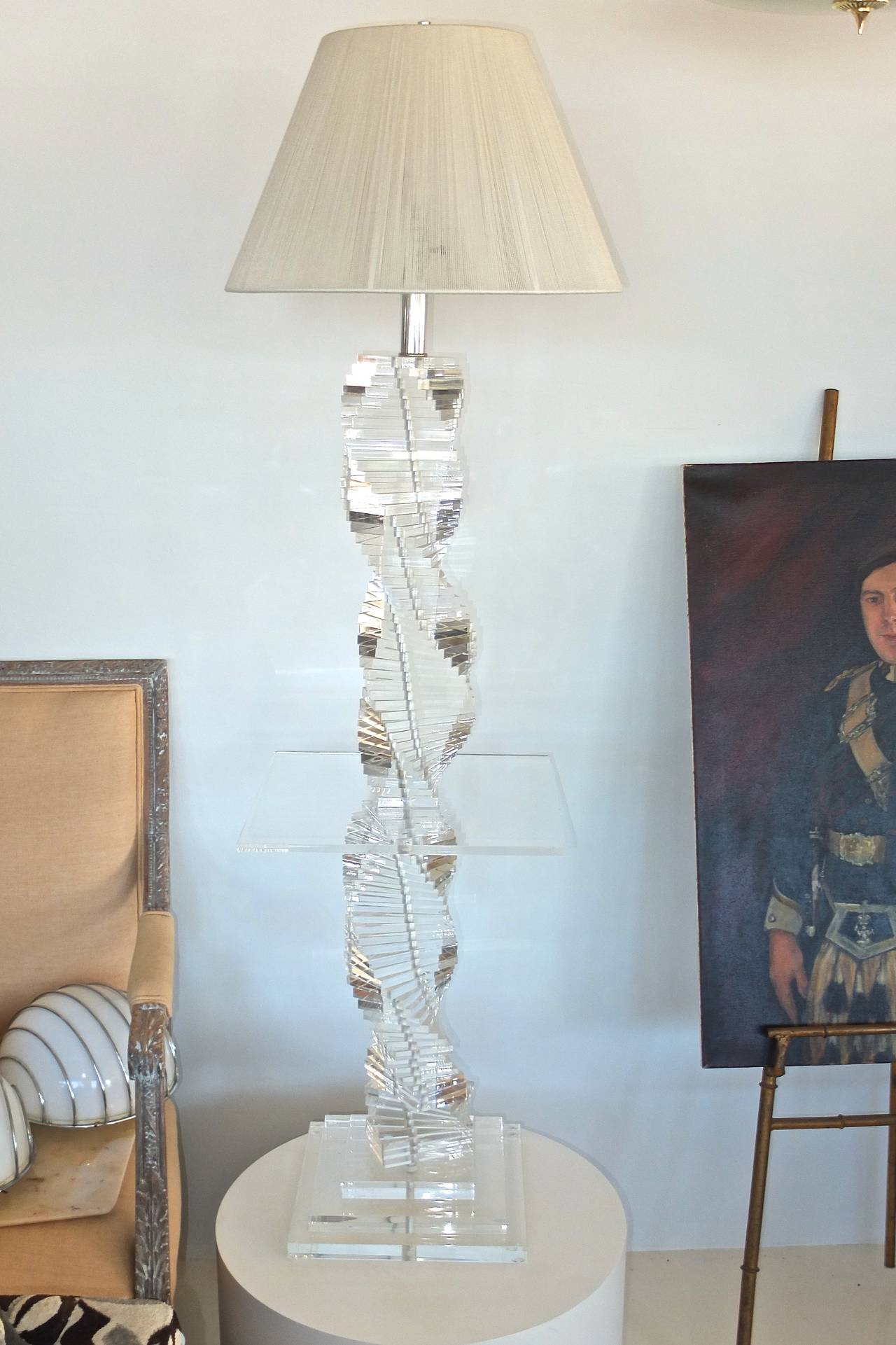 Mid-Century Modern Lucite Stacked Block Floor Lamp with Side Table For Sale