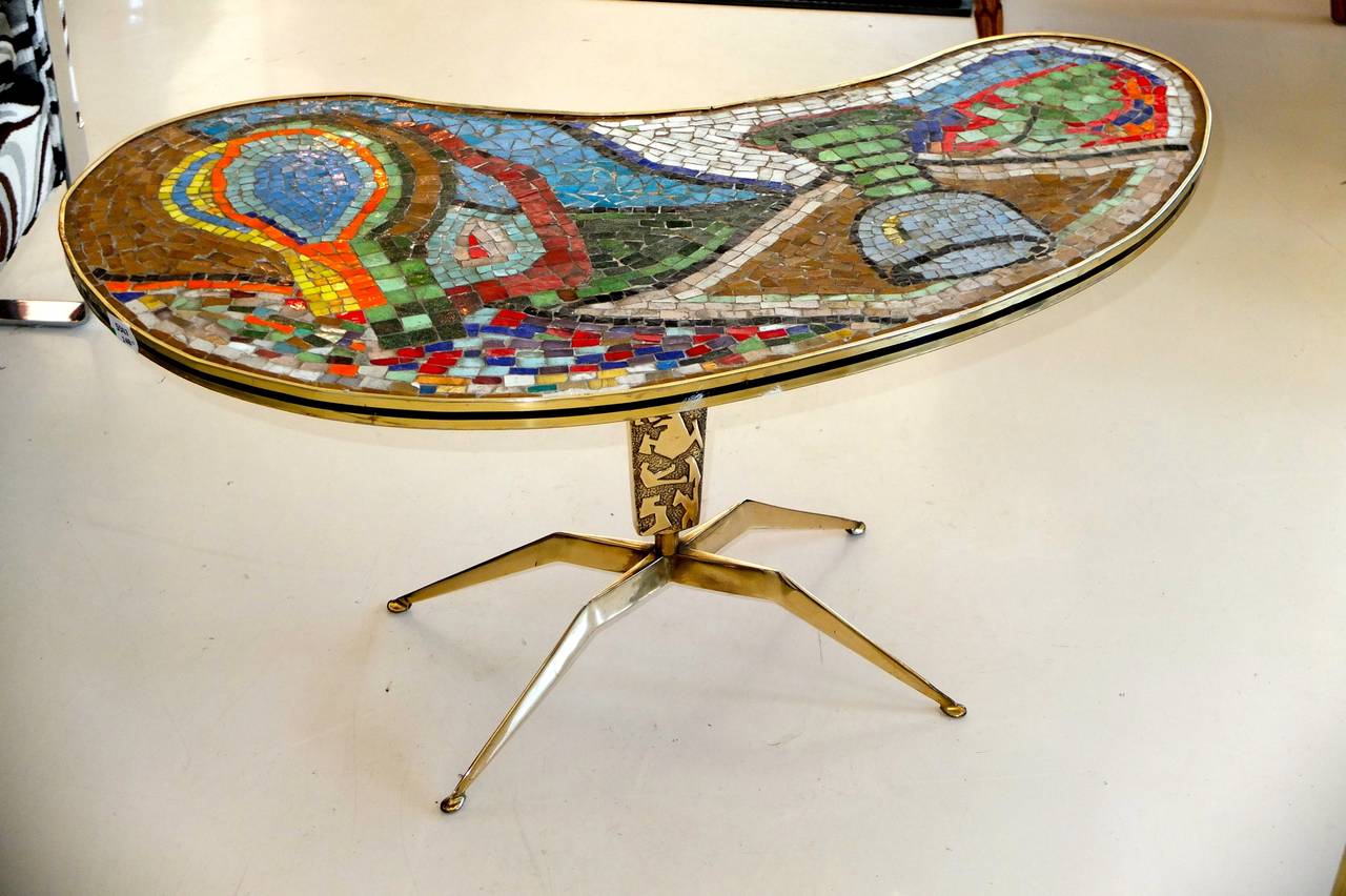 1950s Italian Mosaic-Top Table on Cast Brass Base In Excellent Condition In Hanover, MA