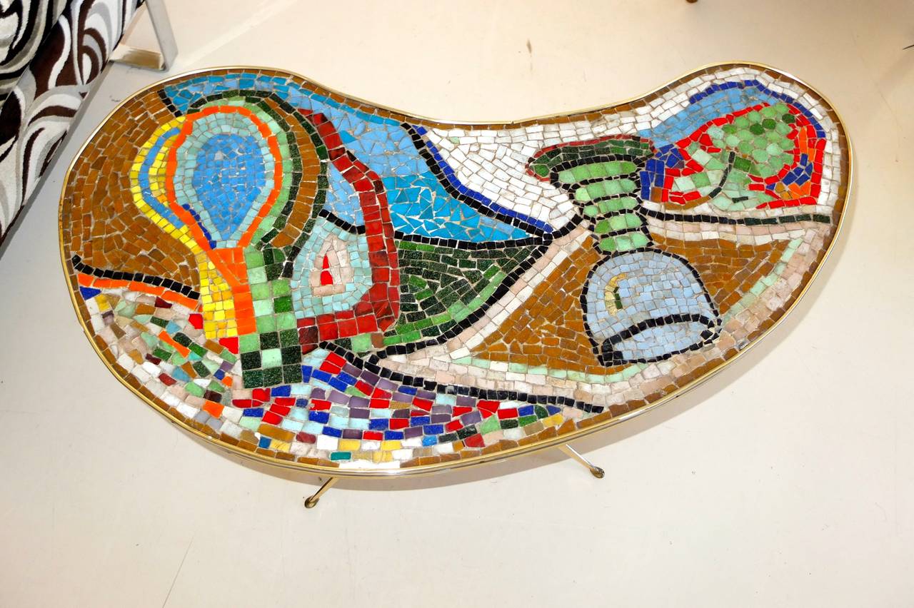 Mid-20th Century 1950s Italian Mosaic-Top Table on Cast Brass Base