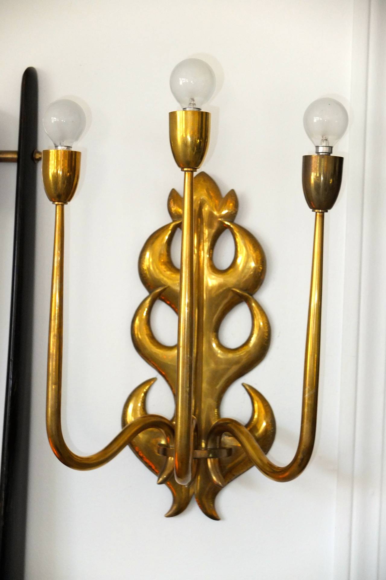 Italian Brass Three Branch Sconce  In Excellent Condition In Hanover, MA