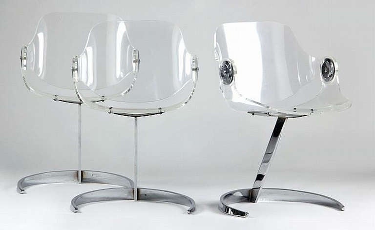 French Boris Tabacoff Set of Three Perspex and Chrome Chairs