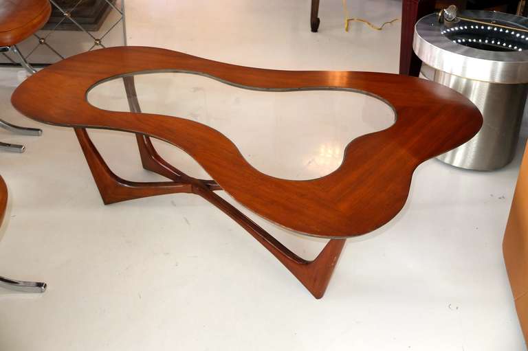 American Erno Fabry Biomorphic Walnut & Glass Cocktail Table