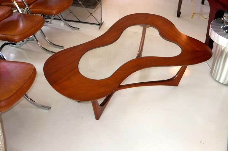 Erno Fabry Biomorphic Walnut & Glass Cocktail Table In Excellent Condition In Hanover, MA