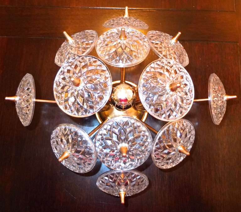Val St. Lambert Crystal & Brass Sputnik Flush Mount In Excellent Condition For Sale In Hanover, MA