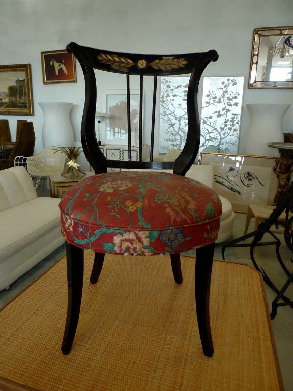 Charming ebonized French Empire style side chair or desk chair with upholstered cushion seat.  Would go perfectly with my Louis XV Bureau Plat / Ladies Writing Desk listed separately.