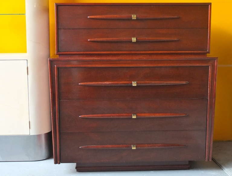 Commodious bedroom dresser in the form of a chest on chest from the Modern line of Canadian furniture maker, Gibbard, and designed by Wesley T. Griffin. Advertised as the ultimate in Gibbard modern furniture from 1956.  Known as the Viscount, only