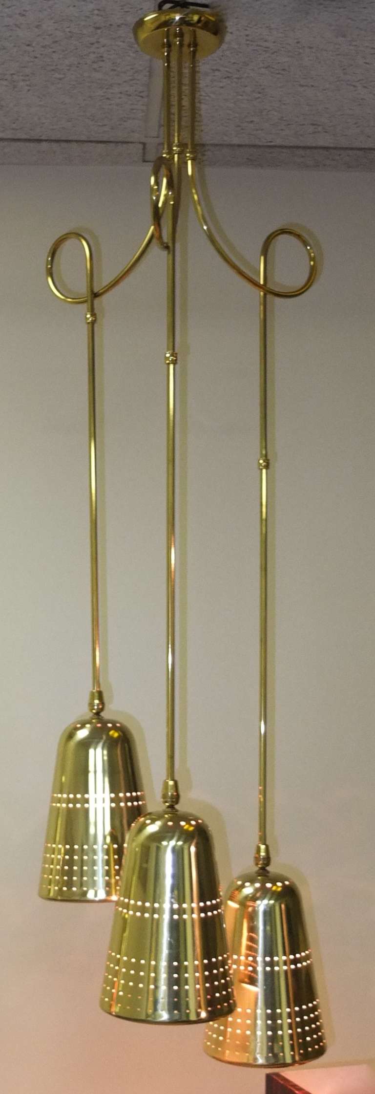 Mid-20th Century Pair of Virden Triple Brass Pendants