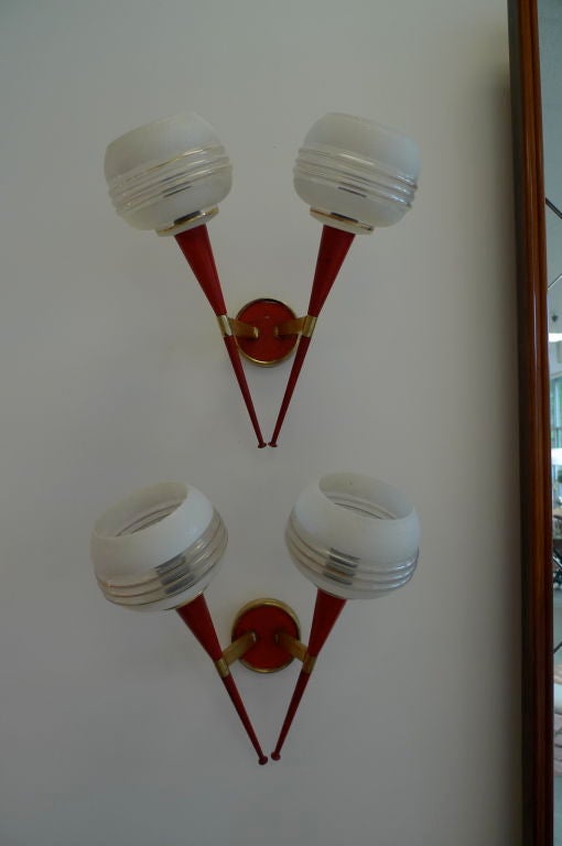 Brass Pair of 1950s French Double Lollipop Sconces by Kobis et Lorence For Sale