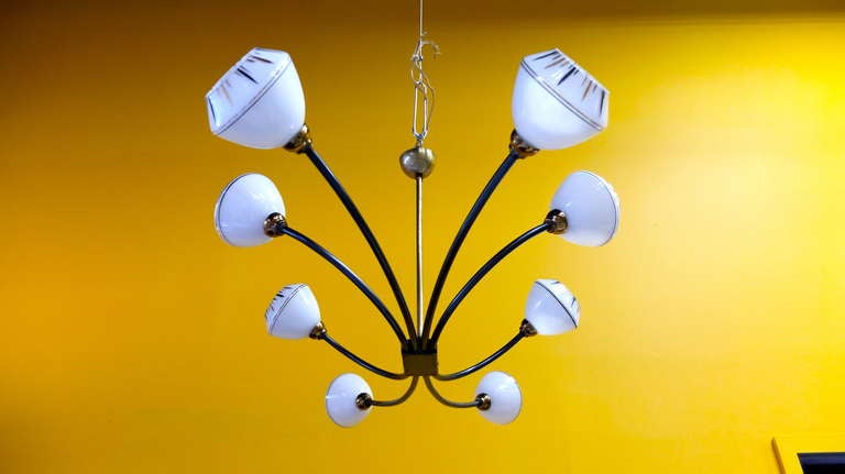 A fairly large scale modernist iron spider chandelier from France, circa mid-1950's with unusual glass shades and brass drop rod with original canopy. 

Rewired.