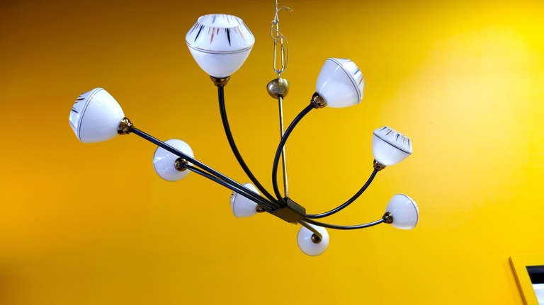 Mid-Century Modern French 1950's Eight Arm Iron Chandelier with Unusual Milk Glass Globes For Sale