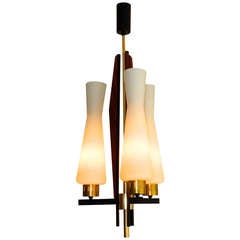 Retro 1950's Italian Walnut & Brass Chandelier Attributed to Arteluce