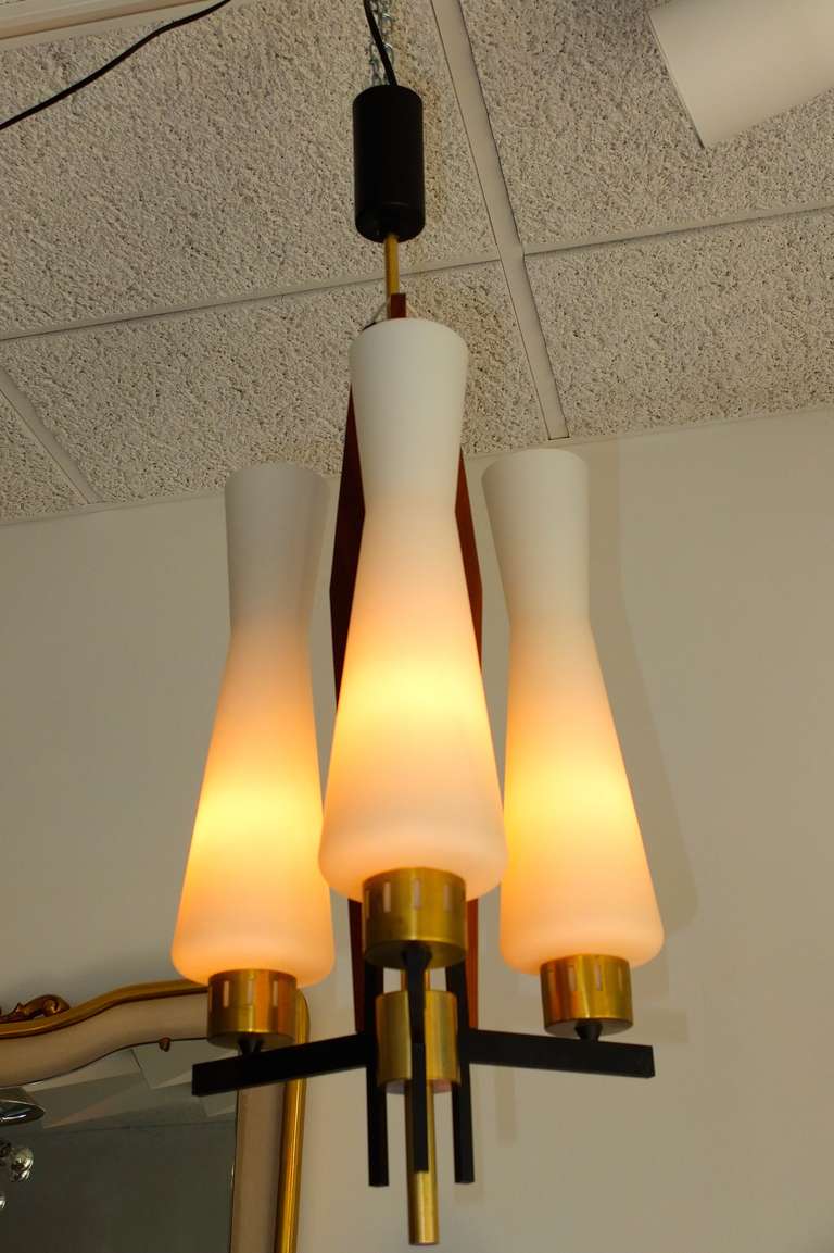 Mid-20th Century 1950's Italian Walnut & Brass Chandelier Attributed to Arteluce For Sale