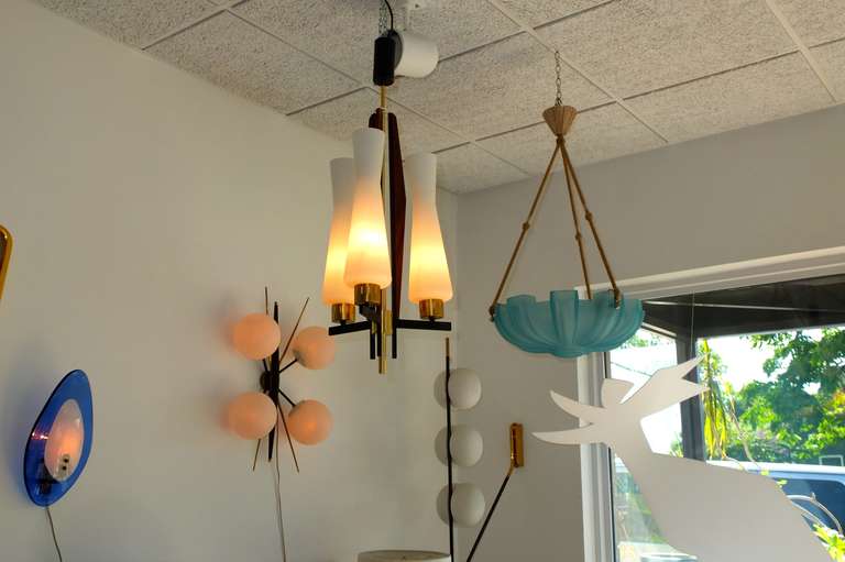 Mid-Century Modern 1950's Italian Walnut & Brass Chandelier Attributed to Arteluce For Sale