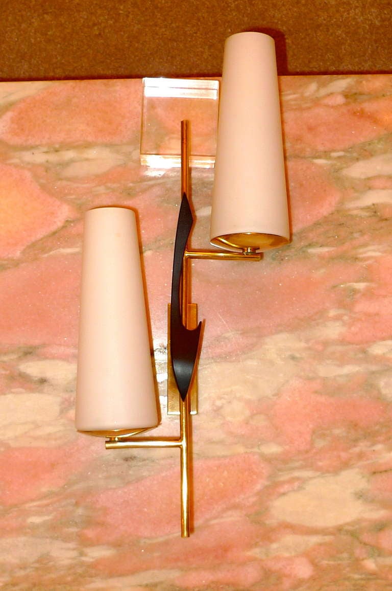 Mid-Century Modern Two Pair of French Opaline & Brass Sconces by Arlus