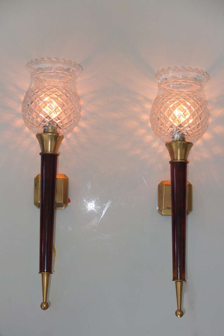 An absolutely stunning pair of elongated tapering sconces in brass, gilt bronze and transparent resin bodies with crystal goblet shades in the form of pineapple.
These look and feel very posh.
Rewired for USA.
We can provide the appropriate back