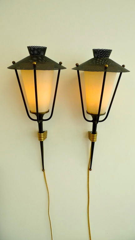 Mid-Century Modern Pair of Maison Arus Lantern Sconces For Sale