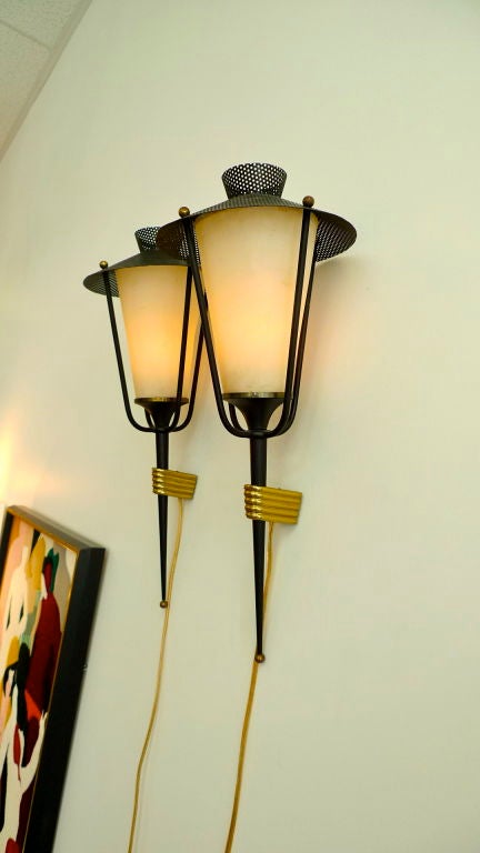 French Pair of Maison Arus Lantern Sconces For Sale