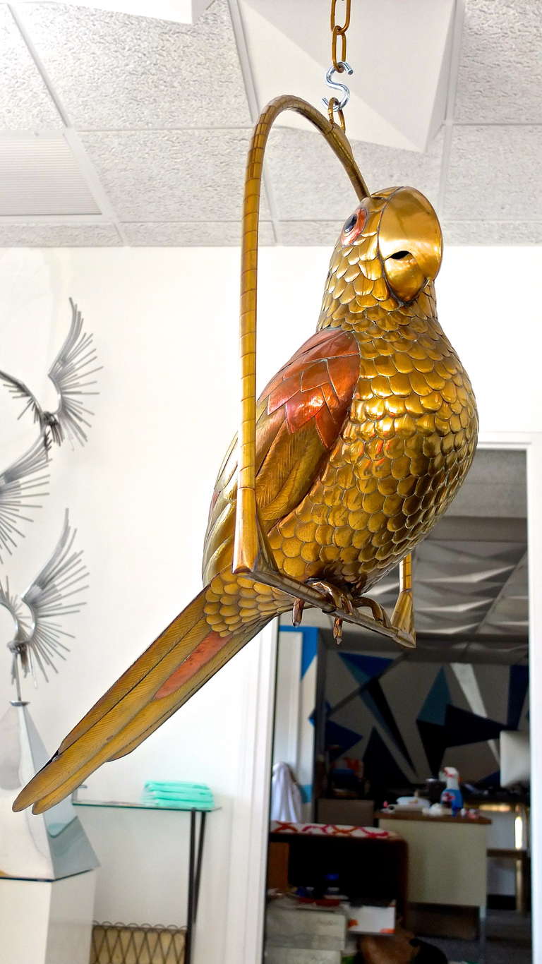 Vintage Brass Perched Parrot Sculpture Attributed to Sergio Bustamante