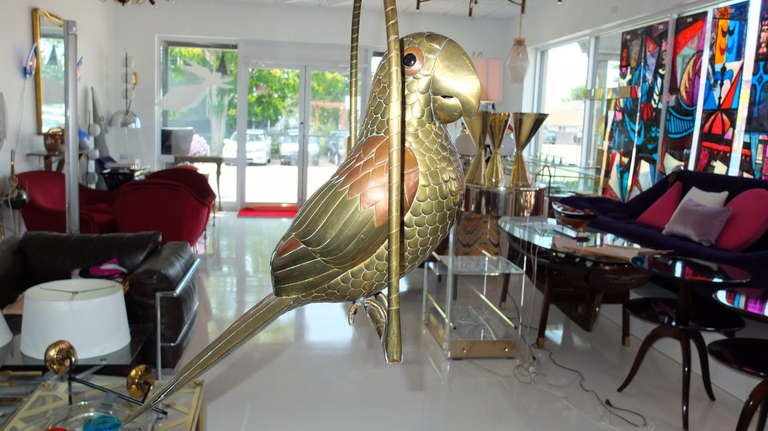 Folk Art Vintage Brass Perched Parrot Sculpture by Sergio Bustamante