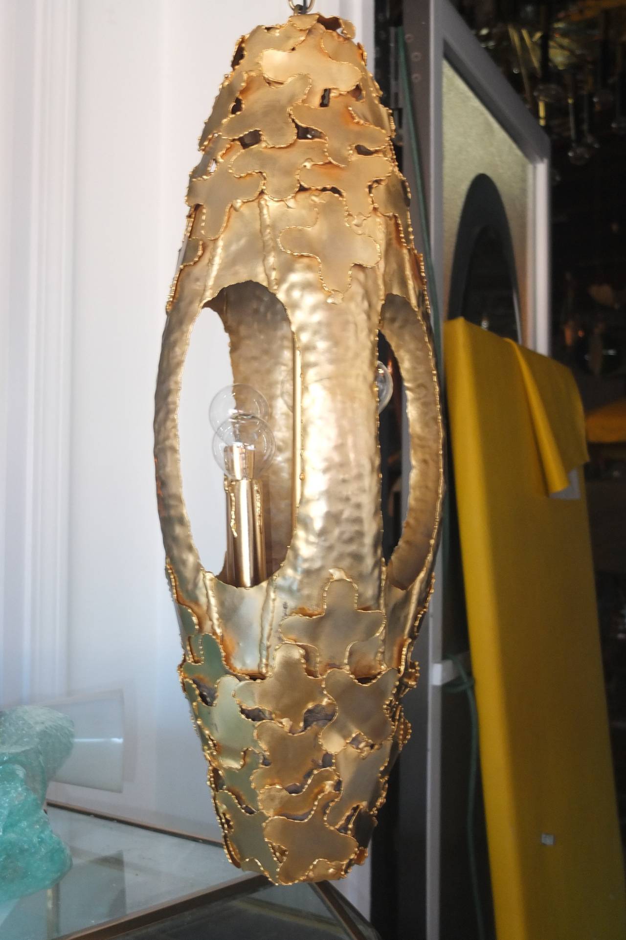 Tom Greene for Feldman Pendant Lantern 24k Gold Plated Torch-Cut Brass 1