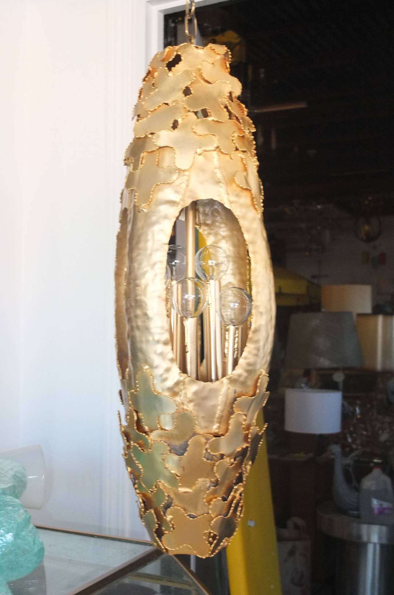 Brutalist Tom Greene for Feldman Pendant Lantern 24k Gold Plated Torch-Cut Brass
