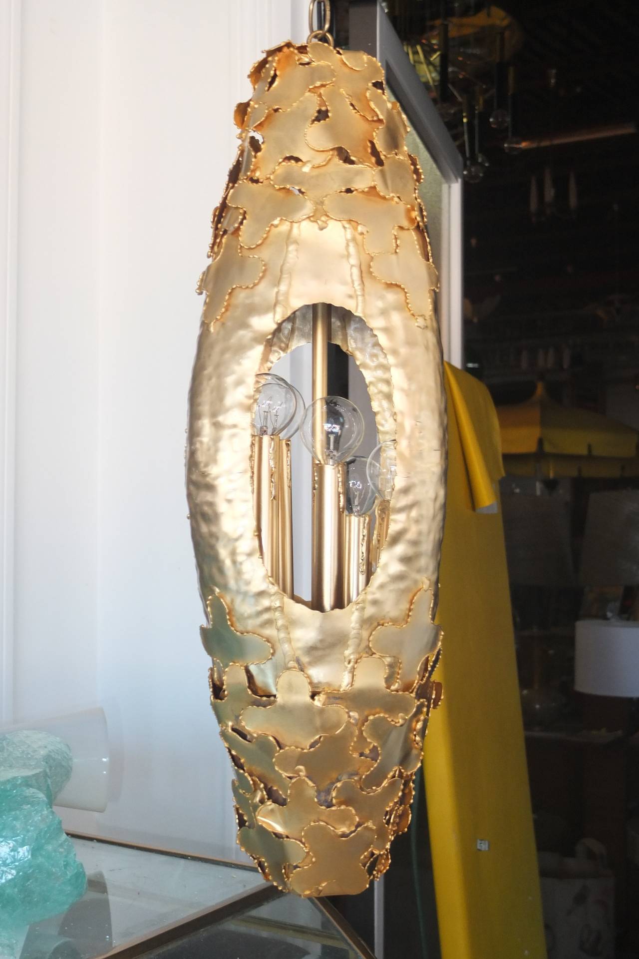 American Tom Greene for Feldman Pendant Lantern 24k Gold Plated Torch-Cut Brass