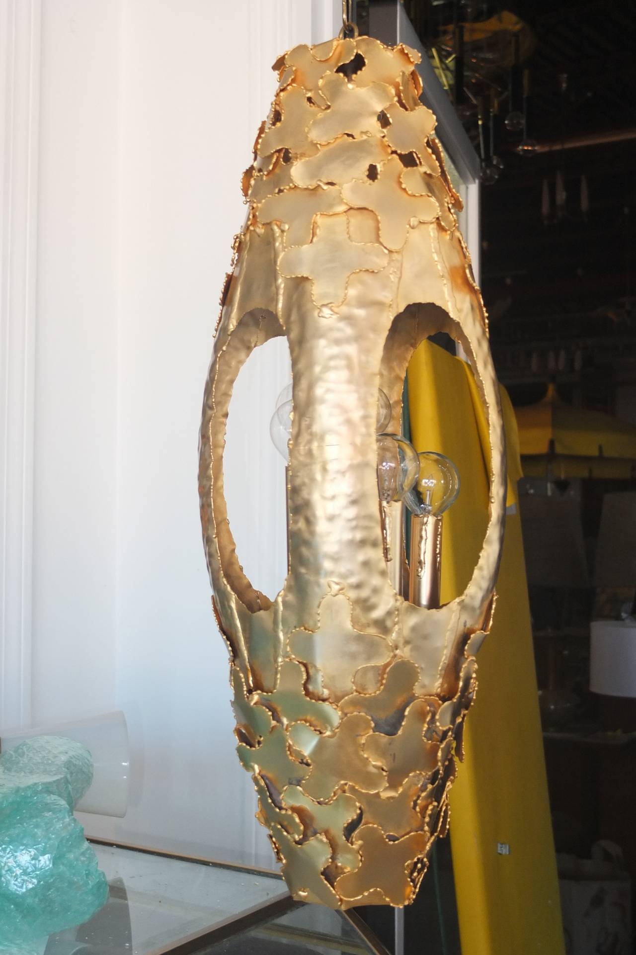 Tom Greene for Feldman Pendant Lantern 24k Gold Plated Torch-Cut Brass In Excellent Condition In Hanover, MA