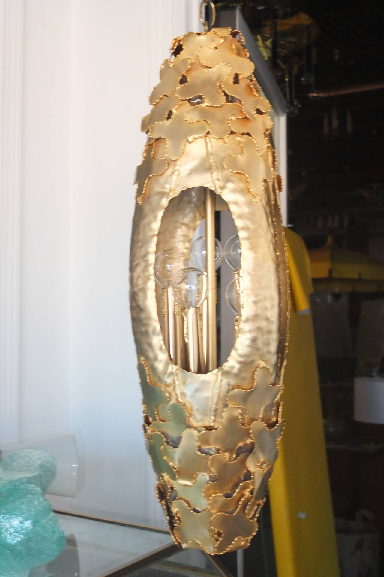 Tom Greene for Feldman Pendant Lantern 24k Gold Plated Torch-Cut Brass 3