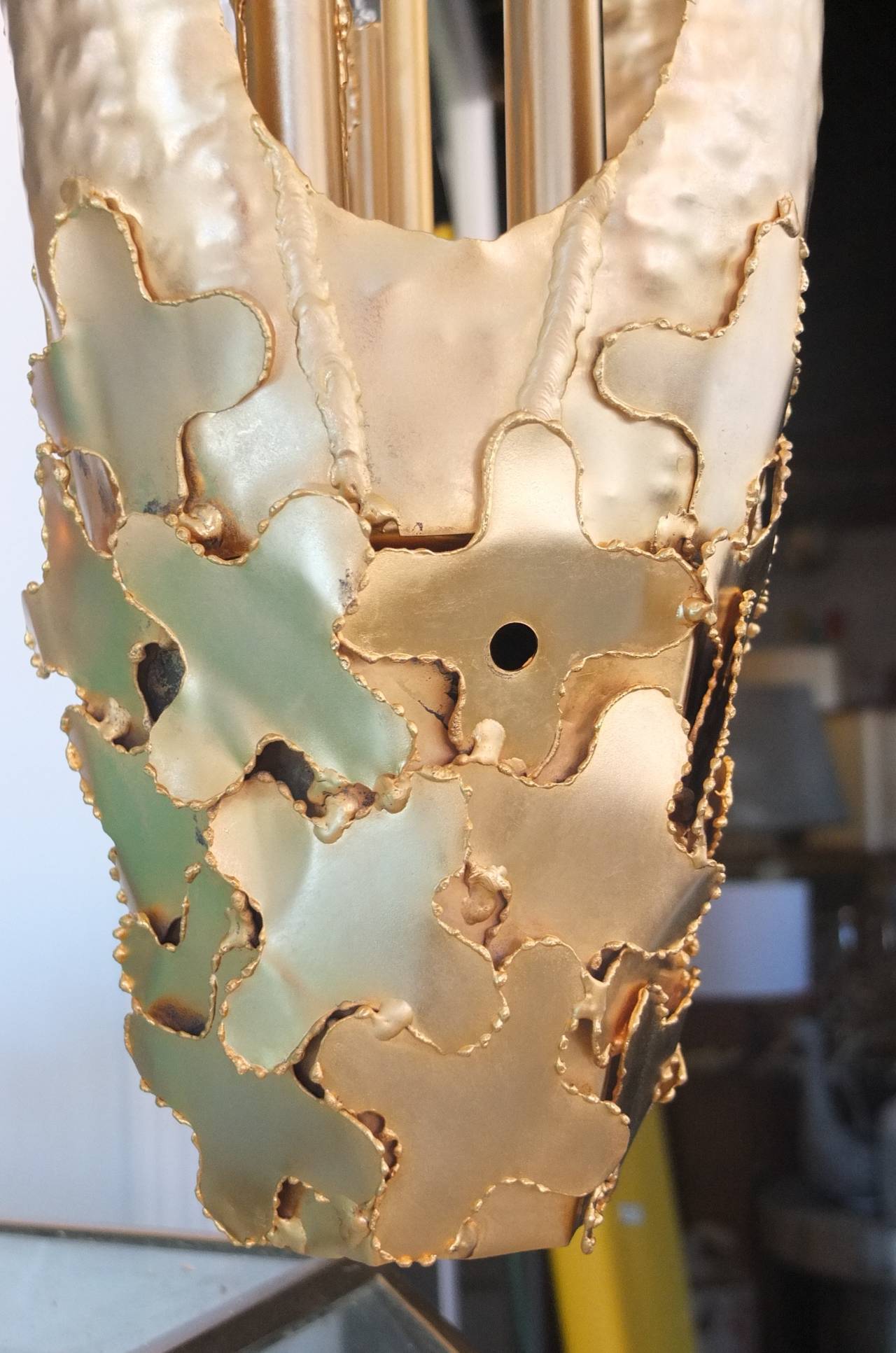 Mid-20th Century Tom Greene for Feldman Pendant Lantern 24k Gold Plated Torch-Cut Brass
