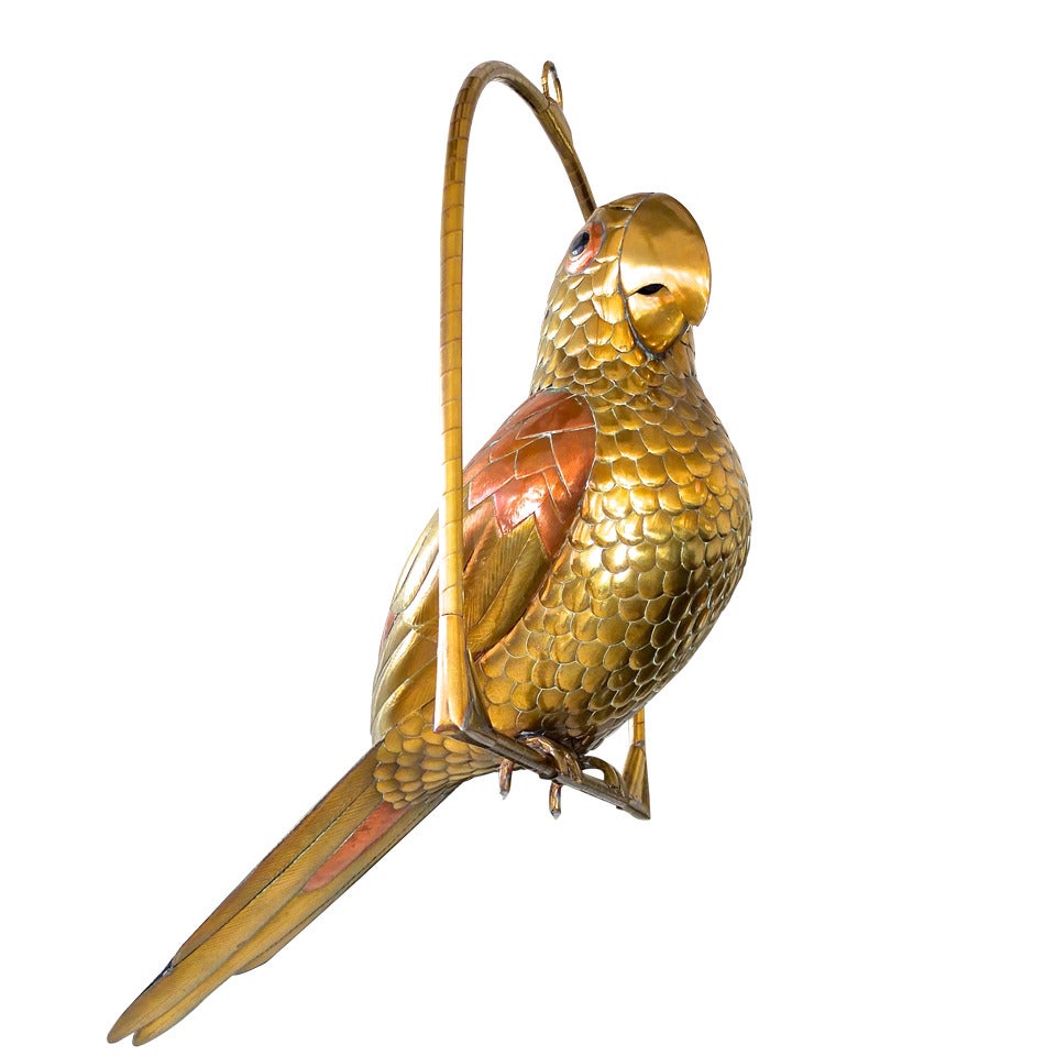 Vintage Brass Perched Parrot Sculpture by Sergio Bustamante