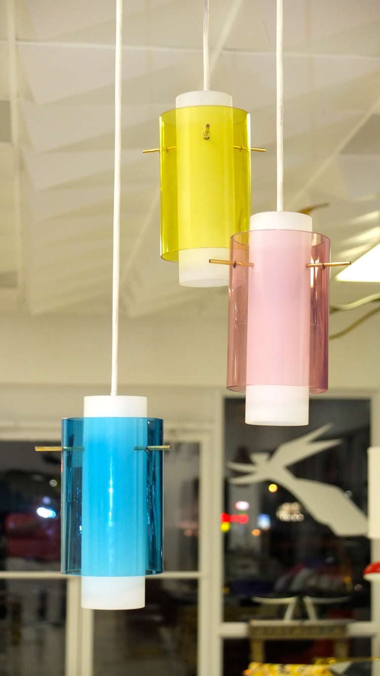 Mid-Century Modern 1950's Italian Suspension Pendant Tri Cylinder Colored Glass  For Sale