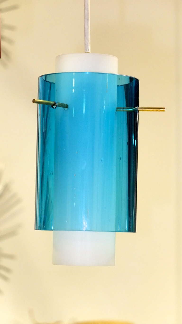 1950's Italian Suspension Pendant Tri Cylinder Colored Glass  For Sale 1