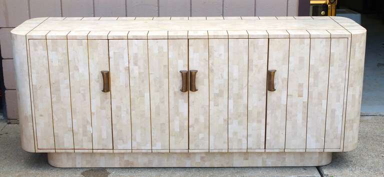 American Exceptional Modernist Tessellated Stone with Brass Sideboard