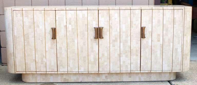 Exceptional Modernist Tessellated Stone with Brass Sideboard In Excellent Condition In Hanover, MA