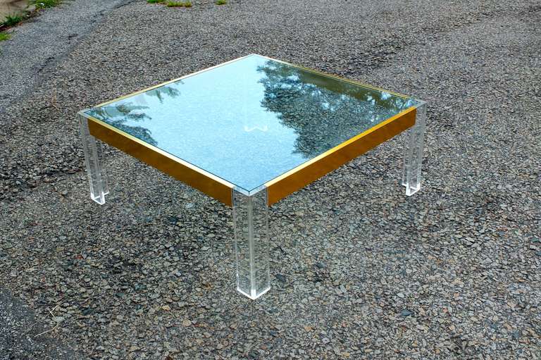 20th Century Lucite, Glass and Anodized Brass Square Cocktail Table