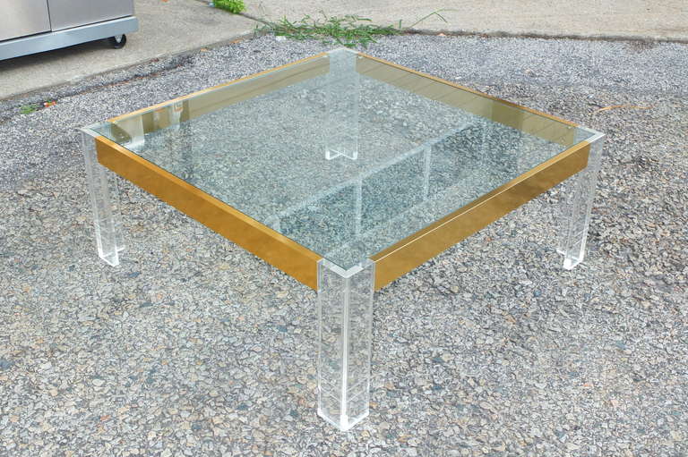 Lucite, Glass and Anodized Brass Square Cocktail Table In Excellent Condition In Hanover, MA