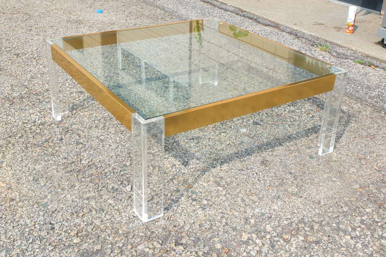 Mid-Century Modern Lucite, Glass and Anodized Brass Square Cocktail Table