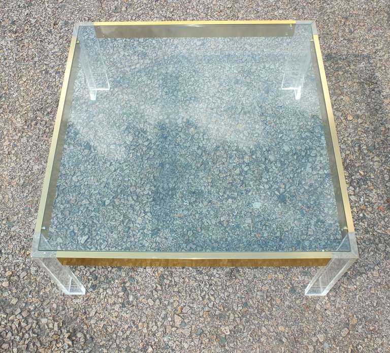 American Lucite, Glass and Anodized Brass Square Cocktail Table