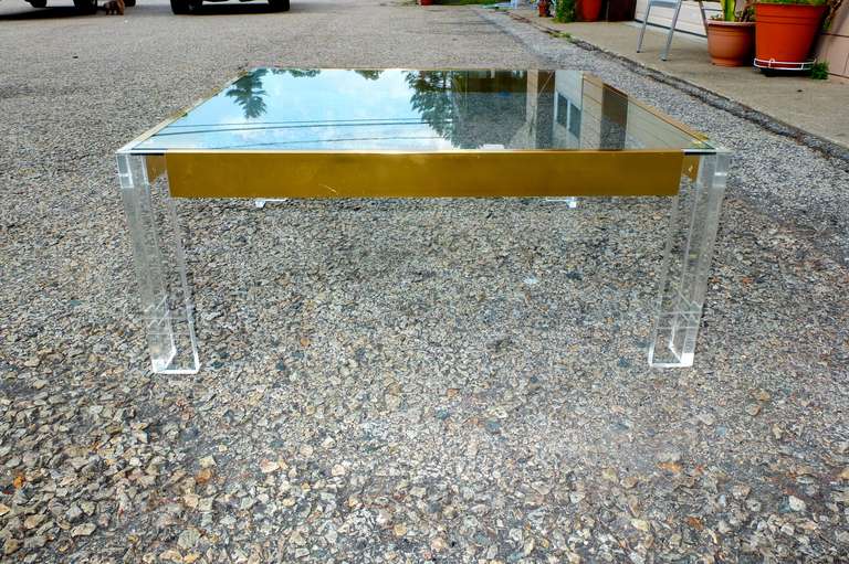 Lucite, Glass and Anodized Brass Square Cocktail Table 1